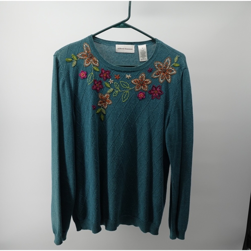 Alfred Dunner Teal Blue Floral Embroidered Beaded Ramie Cotton Sweater Womens M
